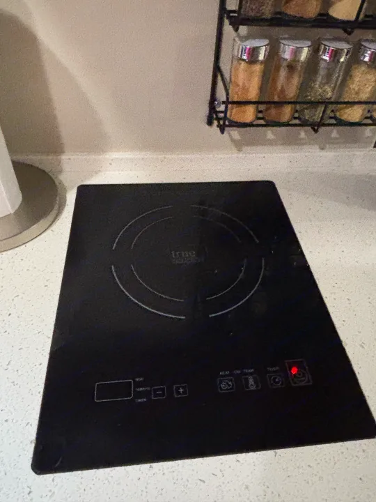 RV rental kitchen: a compact, black induction cooktop with a red indicator light, perfect for cooking, next to a spice rack.. Coachmen Beyond 22C 2020
