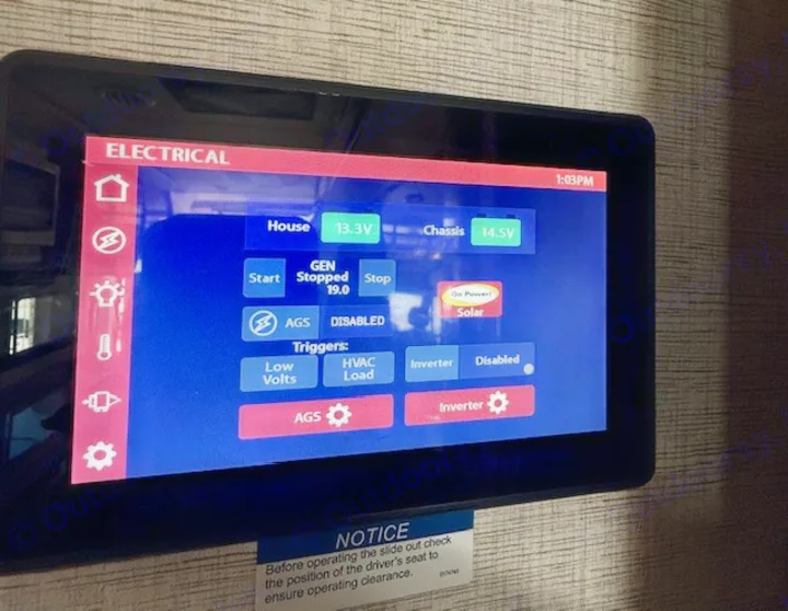 RV rental electrical control panel: House 13.3V, Chassis 14.5V, generator, solar, and inverter statuses are displayed.. Jayco Melbourne Prestige 2023
