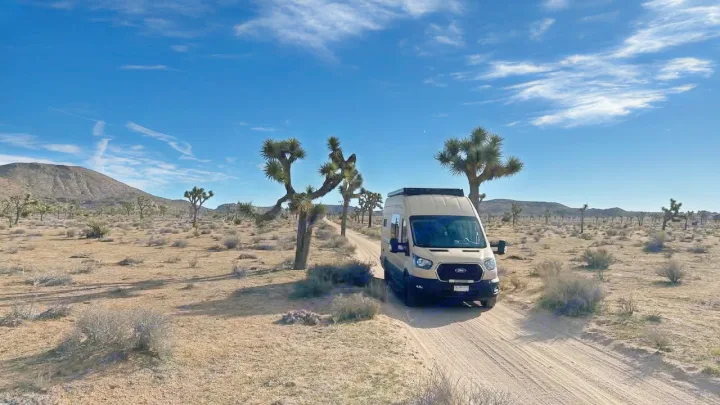 Scenic desert RV rental adventure! A tan camper van on a dirt road, surrounded by iconic Joshua Trees and mountains.. Ford Transit 2023