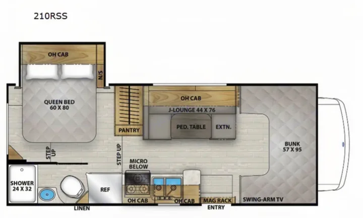 RV rental 210RSS camper floor plan: queen bed, J-lounge, bunk, kitchen, and bathroom layout.. Coachman Leprechaun 2025