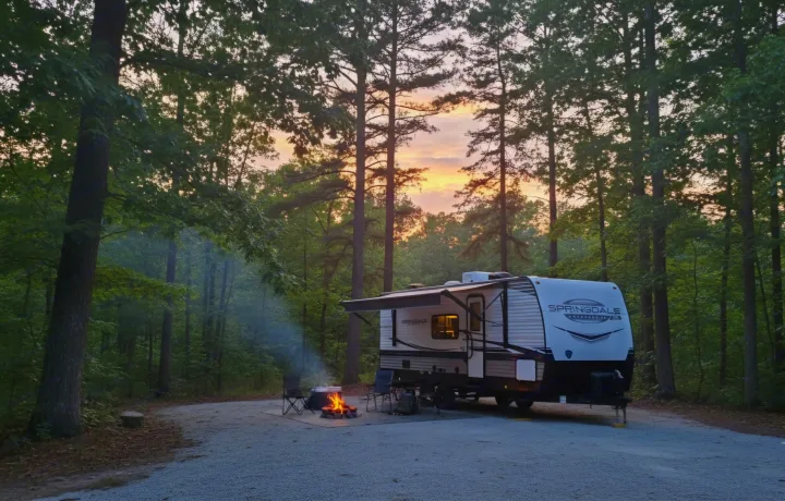 RV rental parked at a serene forest campsite, with a crackling campfire, chairs, and cooler, as the sunset paints the sky.. Keystone RV Springdale 2024