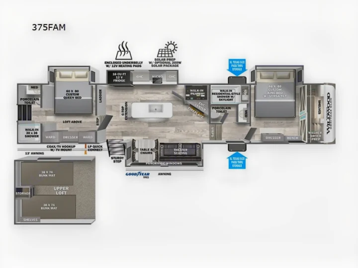 RV rental 375FAM floor plan: spacious layout with king/queen beds, bunk loft, two bathrooms, kitchen, and living areas.. Forest River Salem Hemisphere 2024