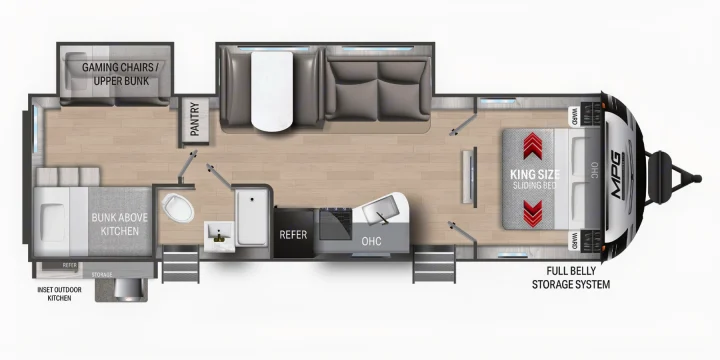 Explore this RV rental floor plan: King size sliding bed, bunk above kitchen, gaming chairs/upper bunk, pantry, and full kitchen.. Cruiser RV MPG 2023