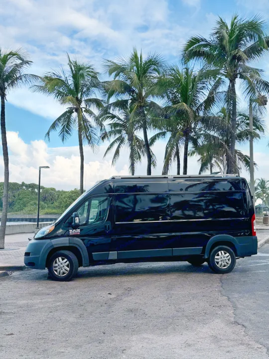 A black Ram ProMaster van, a popular RV rental option, parked under palm trees on a tropical day.. Gmc Ram Promaster 2018