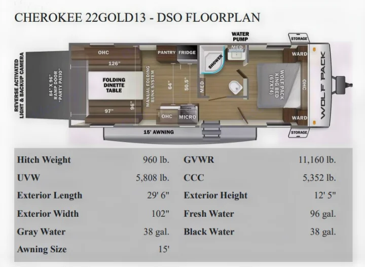 RV rental Cherokee 22GOLD13 toy hauler floorplan with detailed specifications, including weights, dimensions, and tank capacities.. Forest River Cherokee Wolf Pack 2021