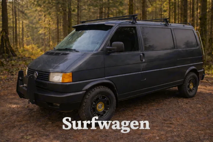 This dark gray Volkswagen T4 adventure van, equipped with off-road tires & roof rack, is ideal for your next RV rental in the forest.. Volkswagen eurovan 1996