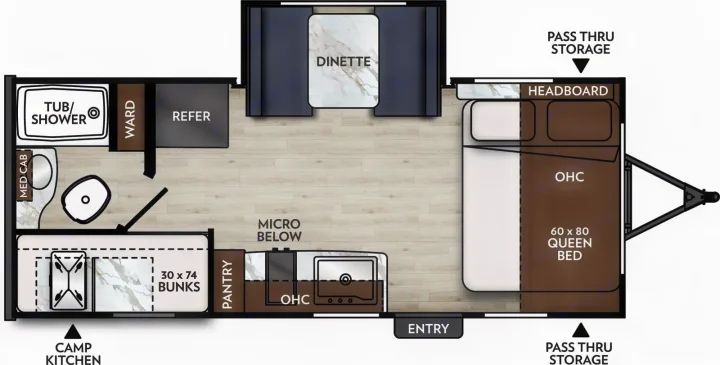 RV rental floor plan featuring queen bed, bunks, dinette, kitchen, full bath, and outdoor camp kitchen for families.. Coachmen Apex Nano 194BHS 2026