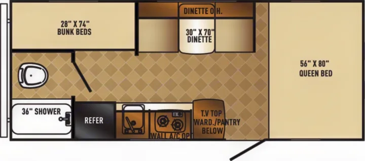 RV rental floor plan: 28x74 bunk beds, 56x80 queen bed, 30x70 dinette, kitchen, and 36" shower layout.. Palomino Real Lite Mini 2017