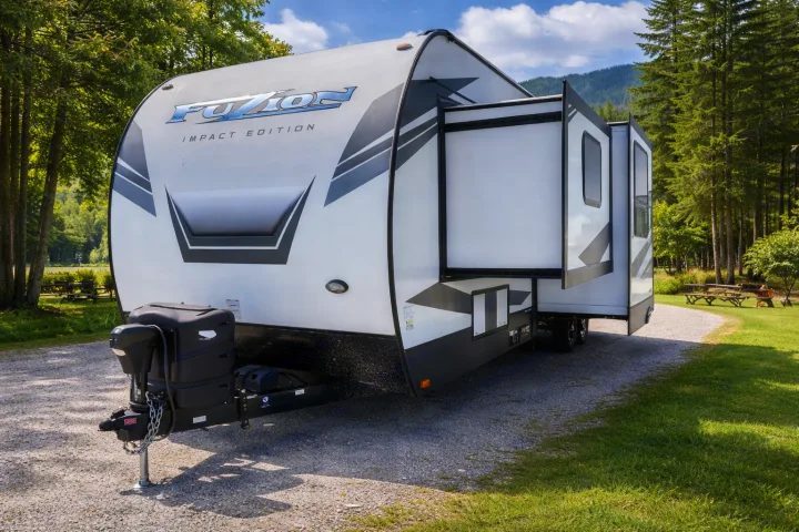 A white Fuzion Impact Edition RV rental with extended slide-outs, parked on gravel amidst tall trees at a mountain campground.. Keystone RV Fuzion Toy Hauler 2020