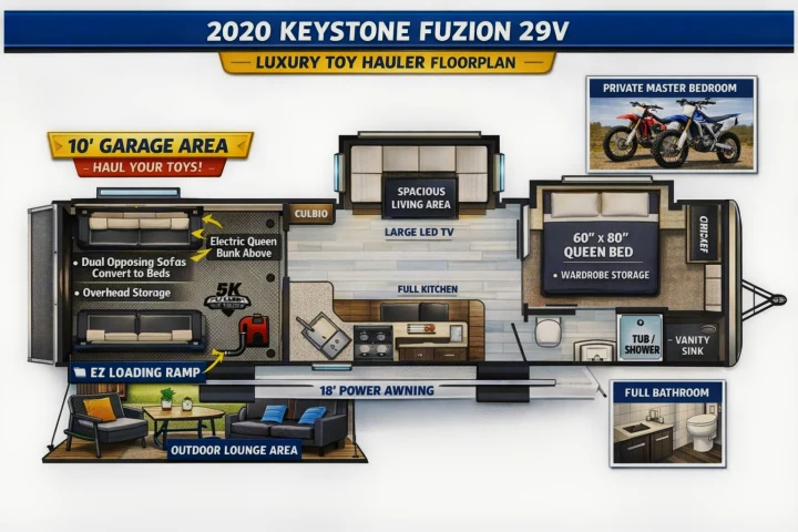 This 2020 Keystone Fuzion 29V toy hauler RV rental floorplan features a garage, living, kitchen, bedroom, bath, and outdoor lounge.. Keystone RV Fuzion Toy Hauler 2020