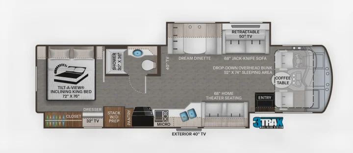 Detailed RV rental floor plan: king bed, full bath, kitchen with W/D prep, dinette, sofa, home theater seating, and bunk.. Thor Challenger 2023