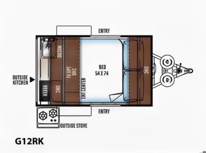 G12RK RV rental floor plan: 54x74 bed, outside kitchen with micro, refer, stove, and two entry doors.. Forest River Rockwood Geo Pro 2018