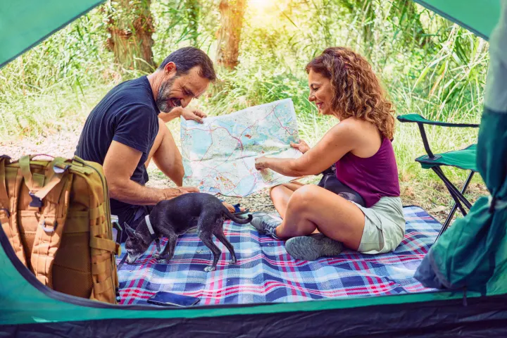 This happy couple and their dog, on an RV rental trip, plan their route with a map while relaxing in nature.. Glacier Campers Cosy CrewVan 2015