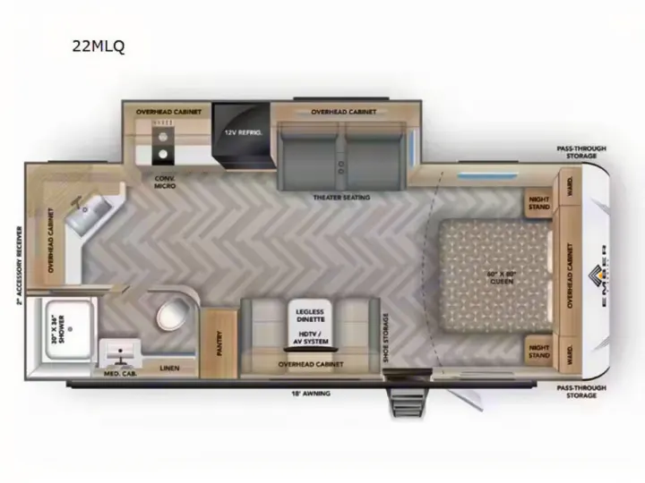 Explore this 22MLQ RV rental floor plan with a queen bed, kitchen, bath, dinette, theater seating, & ample storage.. Ember E 2024