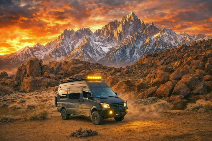 Experience adventure with an RV rental! A rugged camper van navigates a rocky desert with snow-capped mountains at sunset.. Sportsmobile 2500 2017