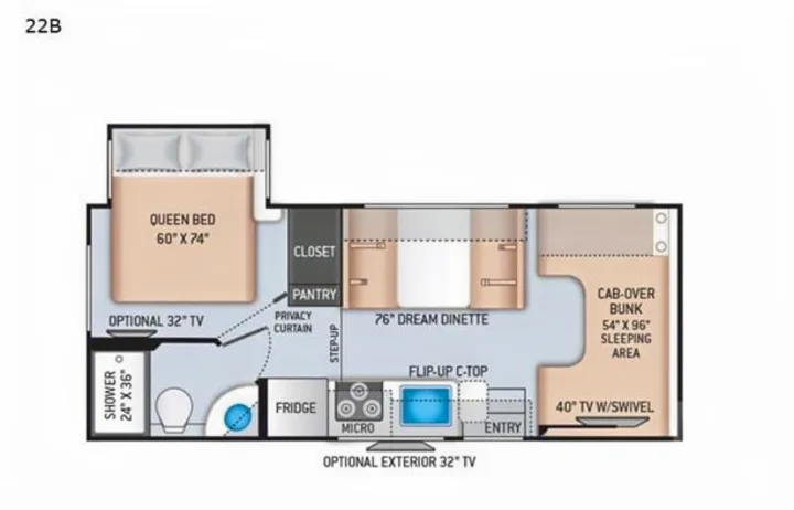 RV rental floor plan (22B model) showing interior layout with queen bed, dinette, kitchen, bath, and cab-over bunk.. Thor Chateau 2019