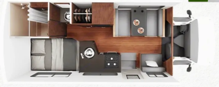 Overhead view of an RV rental floorplan: bed, kitchenette, shower, and dining area.. Winnebago Minnie Winnie 2020