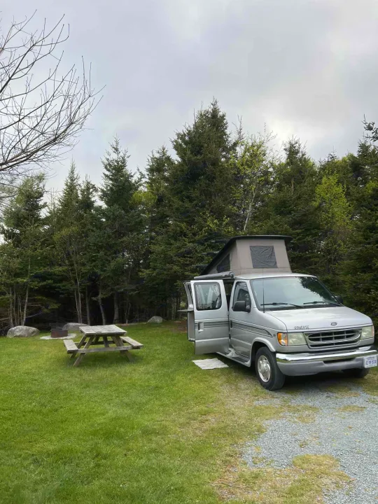 Silver RV rental camper van with open door on a gravel & grass campsite. Picnic table & fire pit surrounded by trees under cloudy sky.. Pleasure-Way Pleasure-Way Class B 2002
