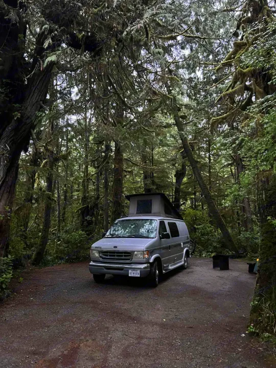 A silver camper van RV rental with a pop-top roof sits among ancient, mossy trees at a forest campsite.. Pleasure-Way Pleasure-Way Class B 2002