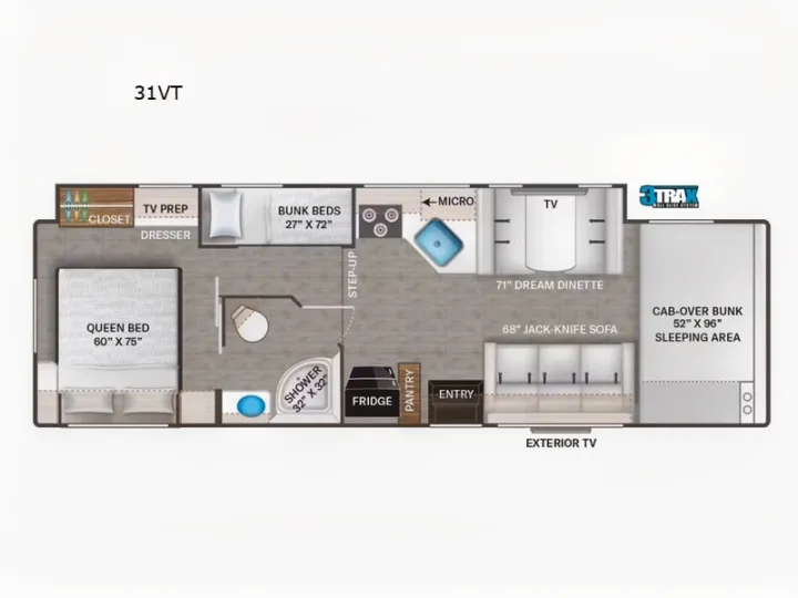 RV rental interior layout: queen bed, bunk beds, dinette, sofa, kitchen, and cab-over bunk. See the detailed floor plan.. Thor Geneva 2026