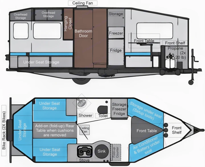 RV rental schematic: Top-down & side views detail interior layout with kitchen, bath, storage, seating, and exterior features like bike rack.. Safari Condo A2124 2025