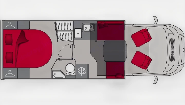 Top-down view of an RV rental motorhome floor plan, featuring a bedroom, kitchen, bath, and driver's cab.. PILOTE P740 C 2026