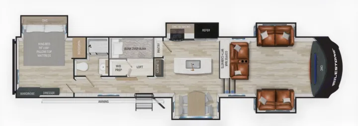 RV rental floor plan with king bed, bunk room, full kitchen, bathroom, living, and dining area. Spacious layout for travel.. Heartland RVs Milestone 2023