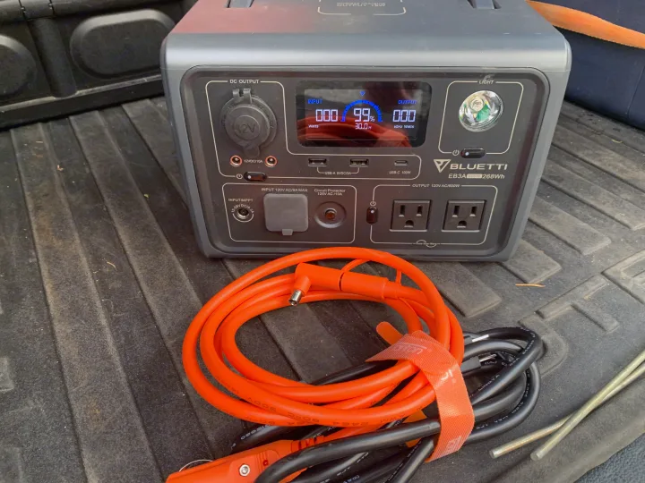 Bluetti EB3A portable power station (99% charged) with cables, providing off-grid power for your rv rental.. Subaru Outback 2015