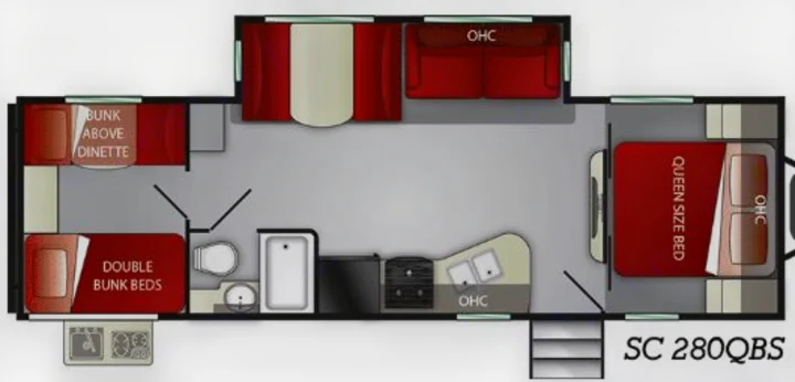 This RV rental floor plan displays a queen bed, double bunks, convertible dinette, full kitchen, and bathroom. Ideal family layout.. Cruiser RV Shadow Cruiser 2019