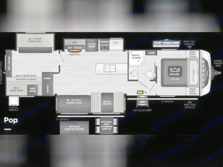 Explore this spacious RV rental floor plan: a Cougar travel trailer with king bed, bunks, kitchen, bath, and living areas.. Keystone RV Cougar 2021