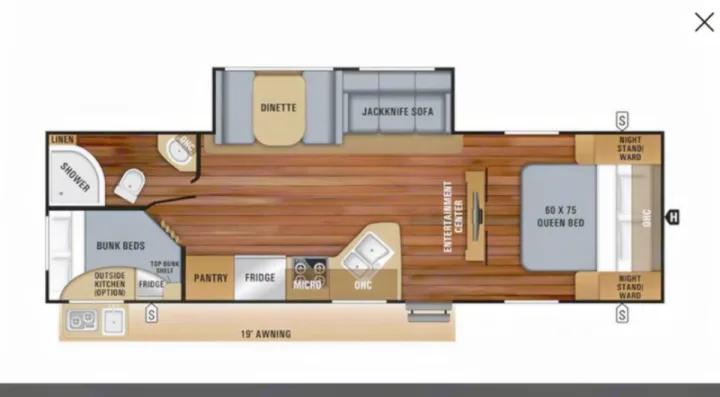 This RV rental floor plan displays a queen bed, bunk beds, full kitchen, dinette, sofa, and bathroom. Perfect for family trips.. Jayco Jay Feather 2019
