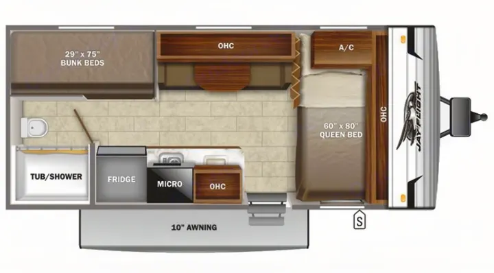 This Jay Flight RV rental floor plan features a queen bed, bunk beds, kitchen with fridge/micro, and tub/shower bath.. Jayco Jay Flight SLX 2021