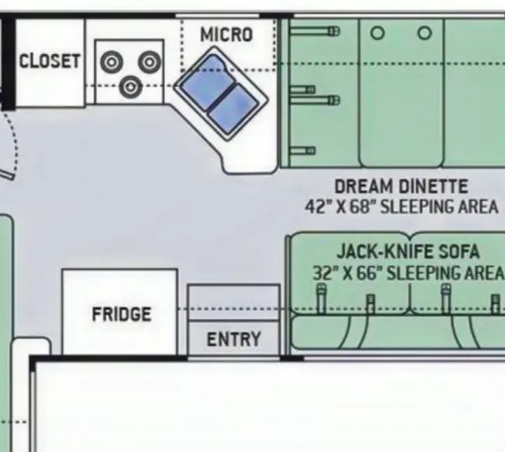 This RV rental floor plan shows the kitchen with micro & sink, dinette (42x68 bed), jack-knife sofa (32x66 bed), fridge & entry.. Thor Chateau 2016
