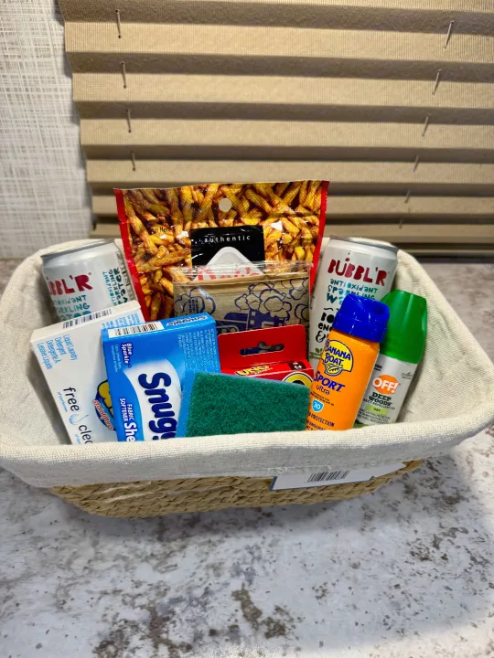 An RV rental welcome basket, packed with snacks, drinks, laundry supplies, sunscreen, bug spray, and a UNO game for your trip.. Georgetown GT3 2019