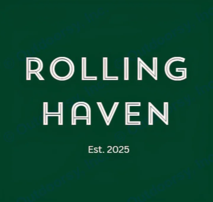 Green background logo for "Rolling Haven" RV rental, featuring white outline text for the company name, established 2025.. Grand Design Transcend One 2025