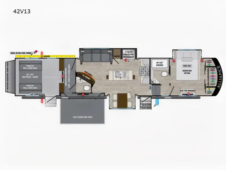 This RV rental floor plan (42V13) showcases a spacious interior with a garage, king bed, full kitchen, and side patio.. Alliance Valor 2022