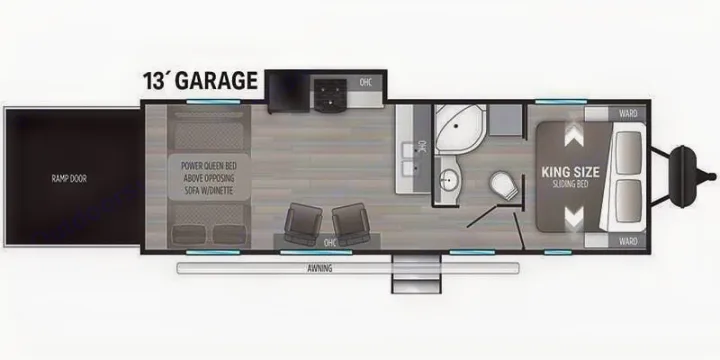 RV rental floor plan: 13' garage with power queen bed, main living area, bathroom, and king-size sliding bed.. Cruiser Stryker 2022