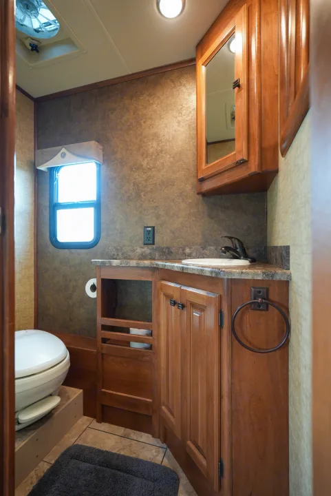RV rental bathroom featuring wood cabinetry, sink, toilet, and overhead lighting. A compact and functional space for travelers.. Allegro Allegro Motorhome 2014