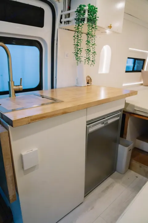 Inside a modern rv rental, showing a well-equipped kitchenette with a wooden countertop, sink, fridge, and hanging plant.. Ram ProMaster 3500 2024