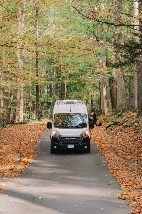 Embrace autumn with an RV rental! A white camper van drives a leaf-covered road in a vibrant fall forest, passenger looking out.. Ram ProMaster 3500 2024