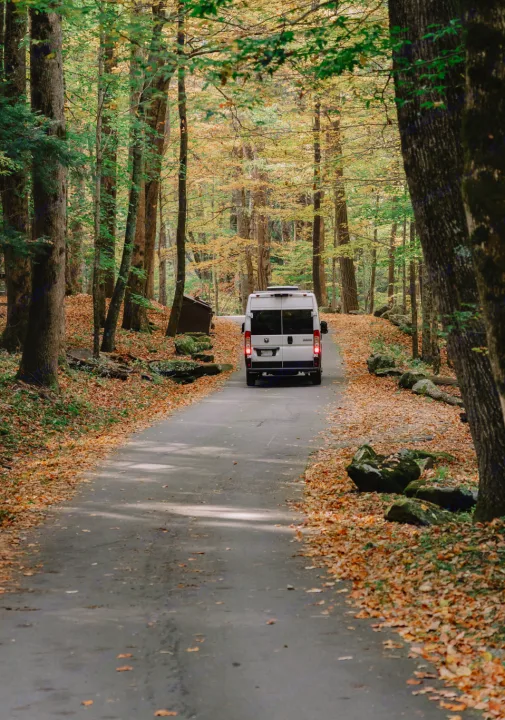 White RV rental drives on a leaf-covered road through a vibrant autumn forest, perfect for a fall adventure.. Ram ProMaster 3500 2024