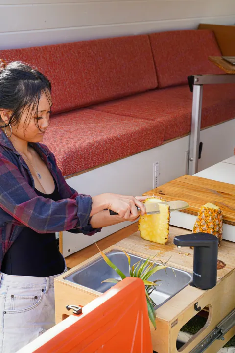 Preparing fresh pineapple in an RV rental. A woman uses a knife to peel fruit in a compact camper kitchen with a sink.. Ford Econolline 250s 2005