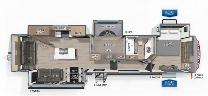 Detailed RV rental floor plan, illustrating living, kitchen, bunk, bath, and master bedroom with king bed. Includes exterior features.. FOREST RIVER Campsite Elite 36RF 2026