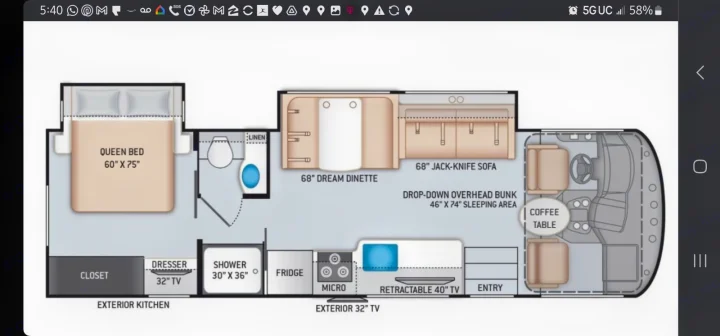This RV rental floor plan details a queen bed, dinette, sofa, kitchen, bathroom, and front cockpit area for your next adventure.. Thor A.C.E. 2018