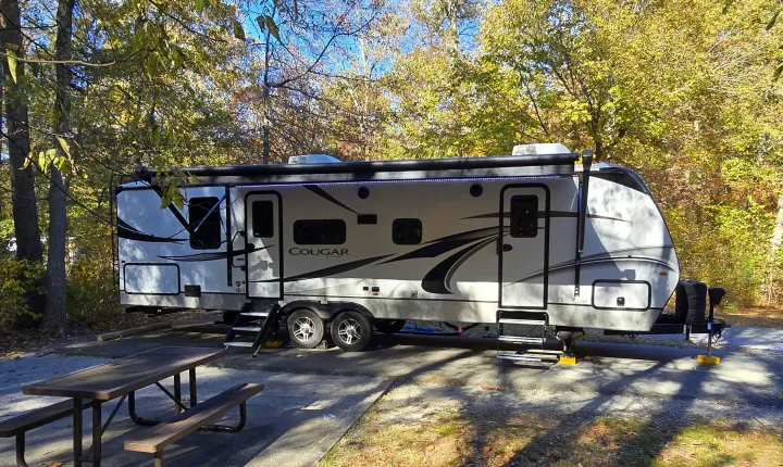 An rv rental travel trailer parked in a vibrant fall campsite, featuring a picnic table. Perfect for your outdoor adventure.. Keystone RV Cougar 2022