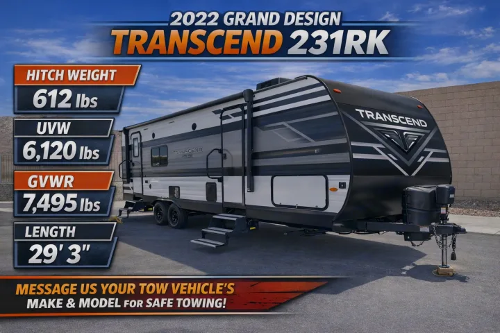 2022 Grand Design Transcend 231RK travel trailer rv rental, with detailed weight and length specs for safe towing.. Grand Design Transcend Xplor 2022