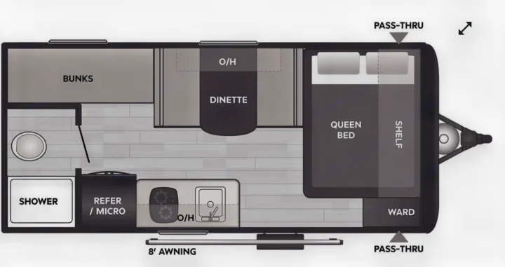 Explore this RV rental's detailed floor plan: queen bed, bunks, dinette, kitchen, bath, & storage.. Heartland RVs Prowler 2022