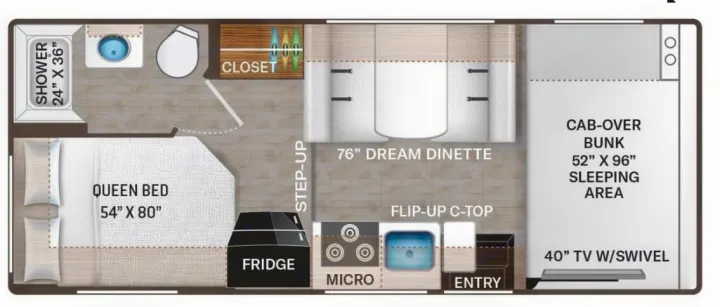 Top-down rv rental floor plan illustrating queen bed, shower, kitchen, dinette, and cab-over bunk layout.. Thor Freedom Elite 2026