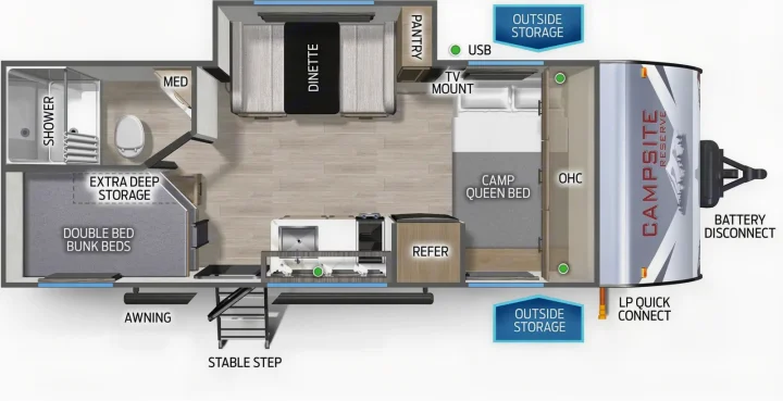 This RV rental floor plan details a queen bed, double bunks, kitchen, bath, dinette, outdoor storage, awning, and stable steps.. Forest River Campsite Reserve 17LS 2026