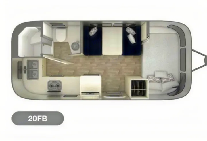**RV rental** 20FB travel trailer floor plan, detailing kitchen, dinette, bath, and bed layout for your adventure.. Airstream Bambi 2024
